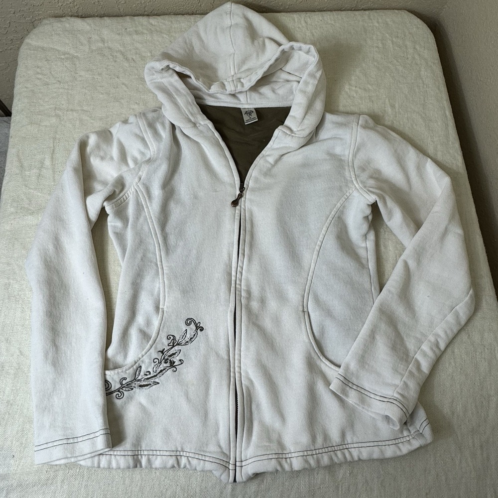 Prana Women's Embroidered Full Zip Hoodie Jacket Size Medium Ivory School Yoga